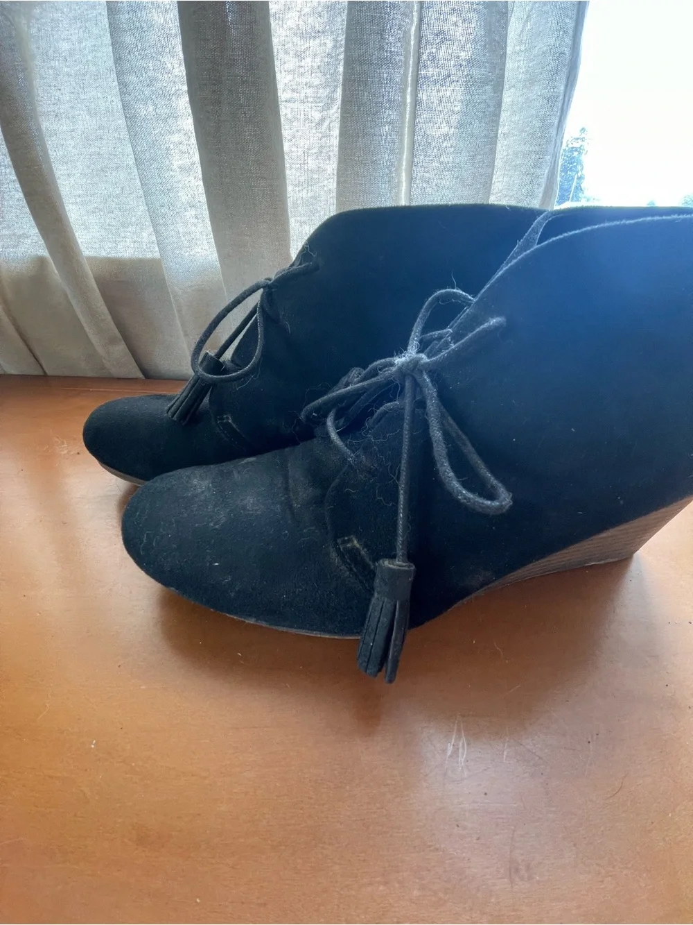 Women's Black Suede Wedge Ankle Booties with Tassel Laces